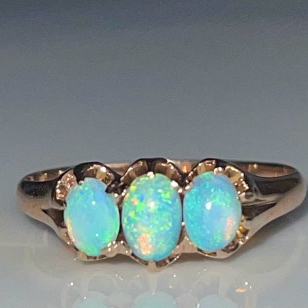 Opal Ring 10k Australian Opal Ring Three Stone Engagement Ring 10K Yellow Gold